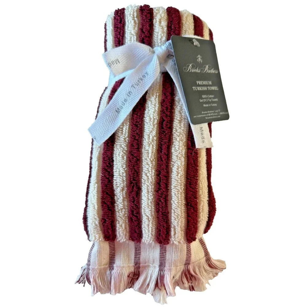 Brooks Brothers Fingertip Towels Ivory Dark Red Stripe Made in Turkey Set of 2